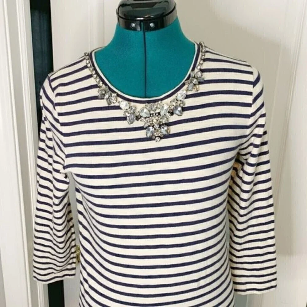 J. Crew Nautical Stripe Rhinestone Crew Neck 3/4 Sleeve Casual Top